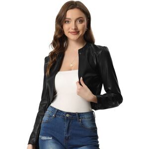 PU Leather Crop Jackets Open Front Long Sleeve Jacket Black